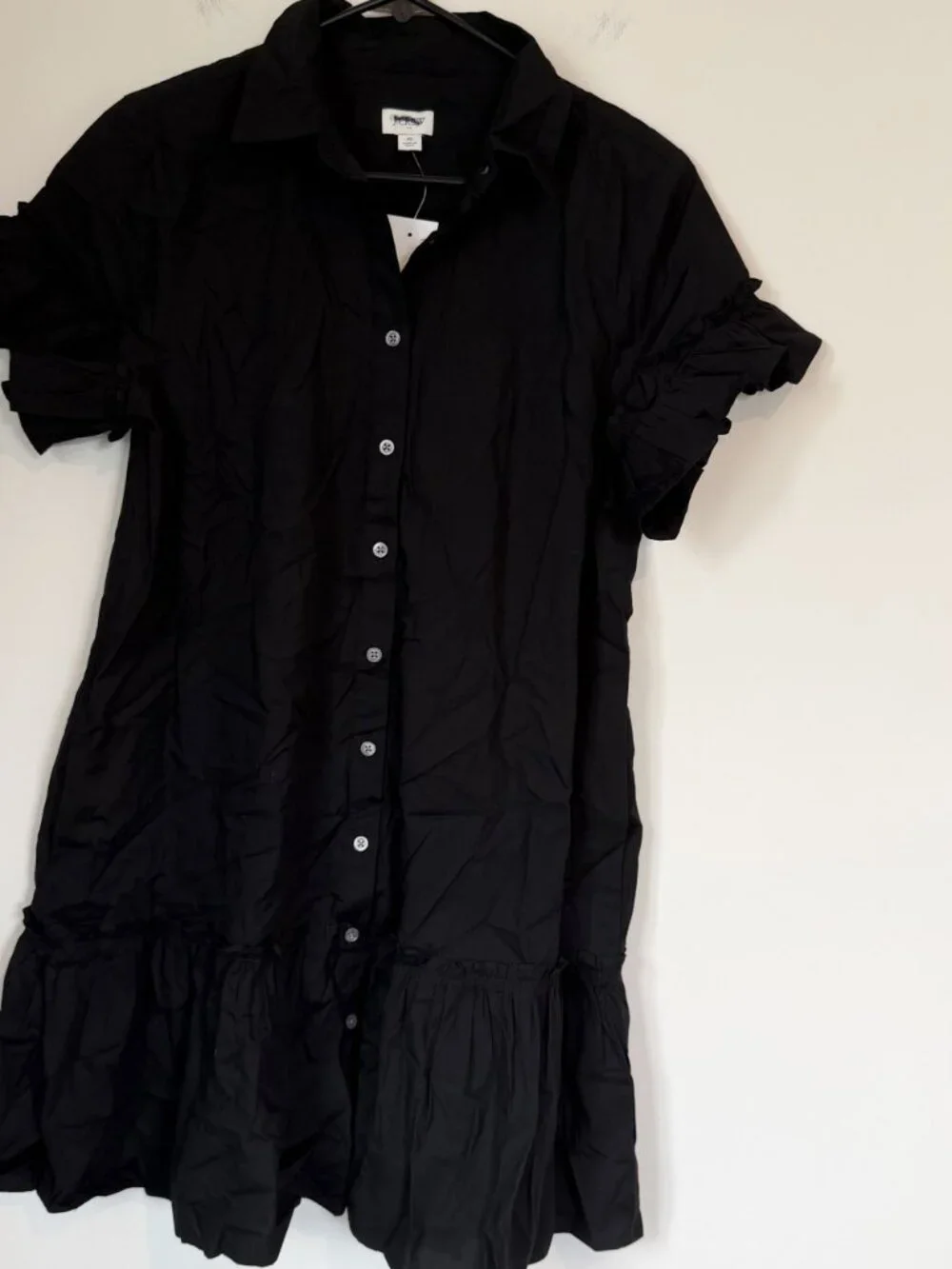 NWT J.Crew Black Ruffle Sleeve Mini Shirt Dress - Size: 6